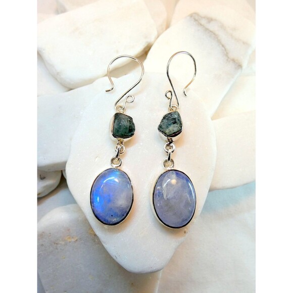 Natural Blue Rainbow Moonstone Raw Apatite Sterling Silver Drop Earrings - Picture 1 of 4